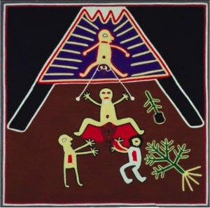 Parto rituale secondo gli Indios Huicholes del Messico Il padre (sopra) ha i testicoli legati ad una corda che la partoriente può tirare per condividere terapeuticamente il dolore.